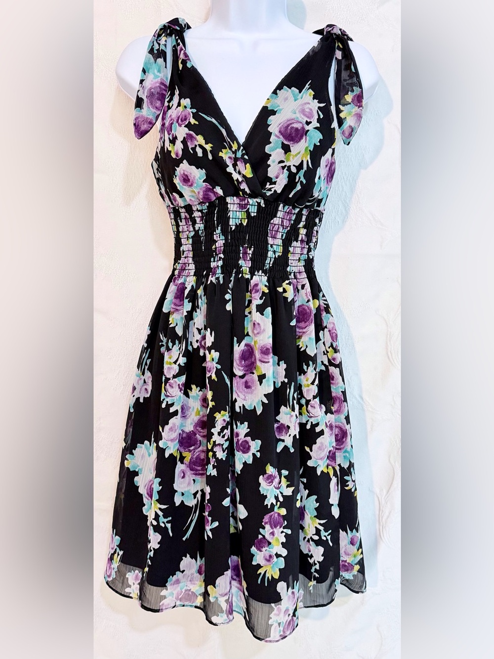 As U Wish Black Floral Midi Dress with Purple & Teal Blooms D0063